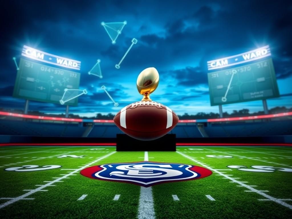 Flick International Vibrant football field at dusk with stadium lights illuminating the scene