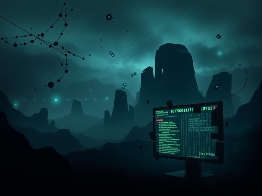 Flick International Abstract representation of a dark digital landscape filled with binary code and personal data