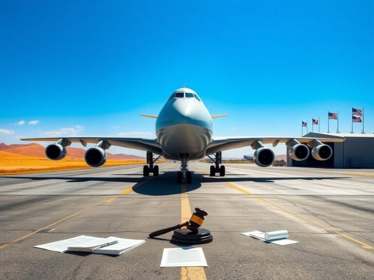 Flick International A majestic Boeing 747-8 jet on an Air Force runway under a cloudless blue sky, symbolizing ambition and grandeur.
