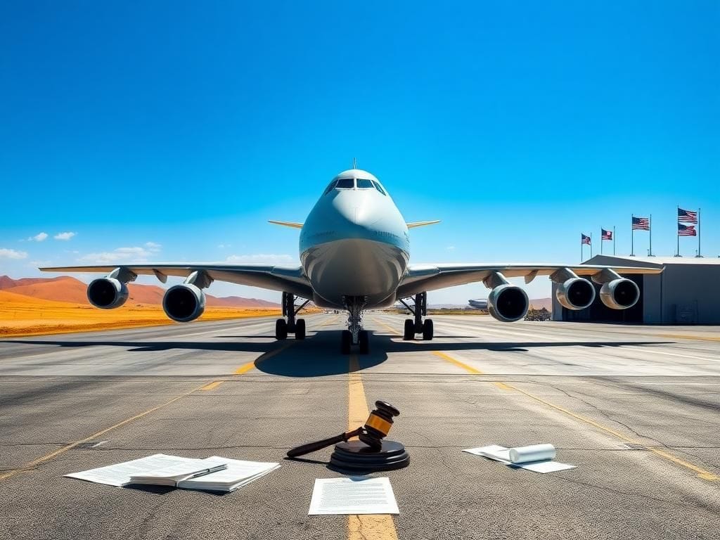 Flick International A majestic Boeing 747-8 jet on an Air Force runway under a cloudless blue sky, symbolizing ambition and grandeur.