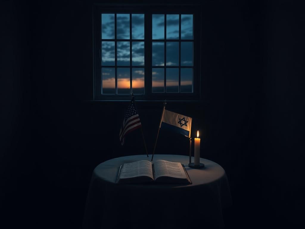 Flick International Somber scene with American and Israeli flags on a table in a dimly lit room