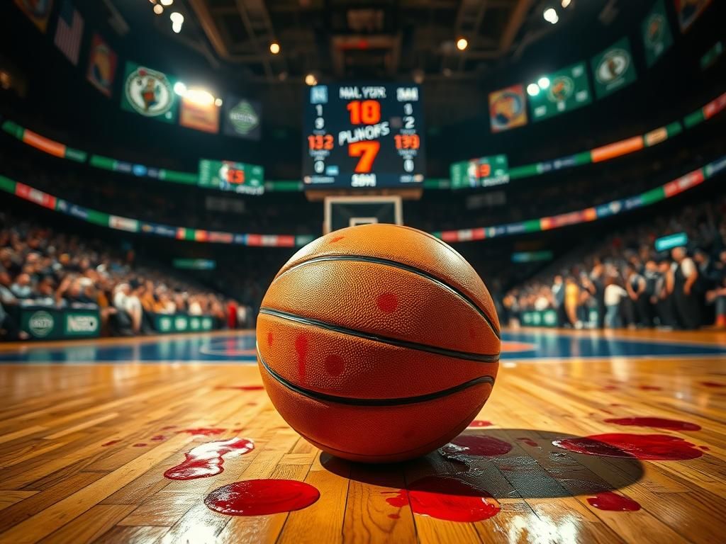 Flick International Close-up of a bloodstained basketball on the court during an intense NBA playoff game