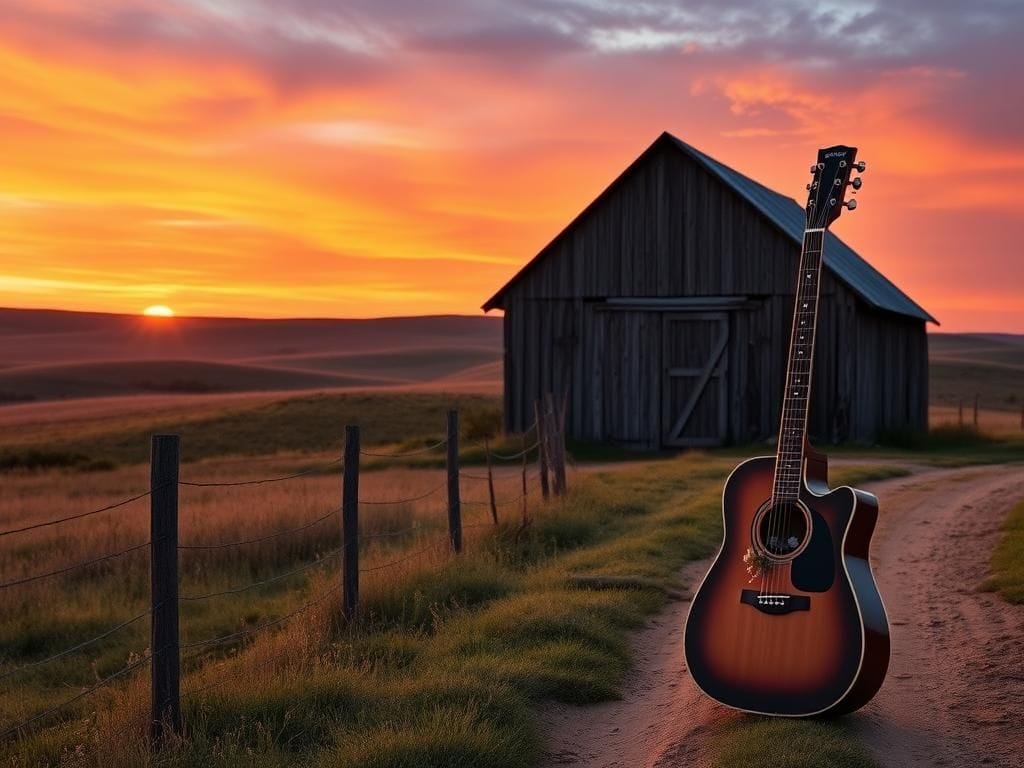 Flick International Scenic Texas landscape at sunset with an old barn and guitar