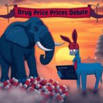 Flick International A stylized elephant symbolizing Republicans standing on prescription drug bottles, with a contemplative donkey representing Democrats in the background