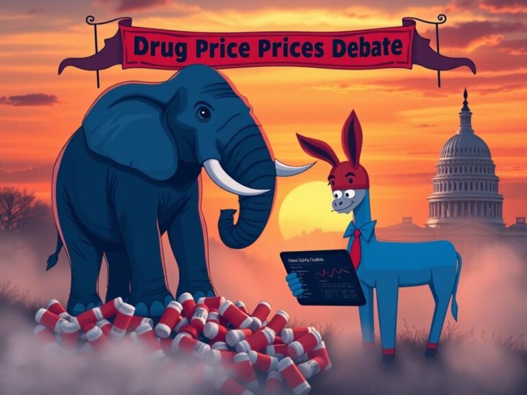Flick International A stylized elephant symbolizing Republicans standing on prescription drug bottles, with a contemplative donkey representing Democrats in the background