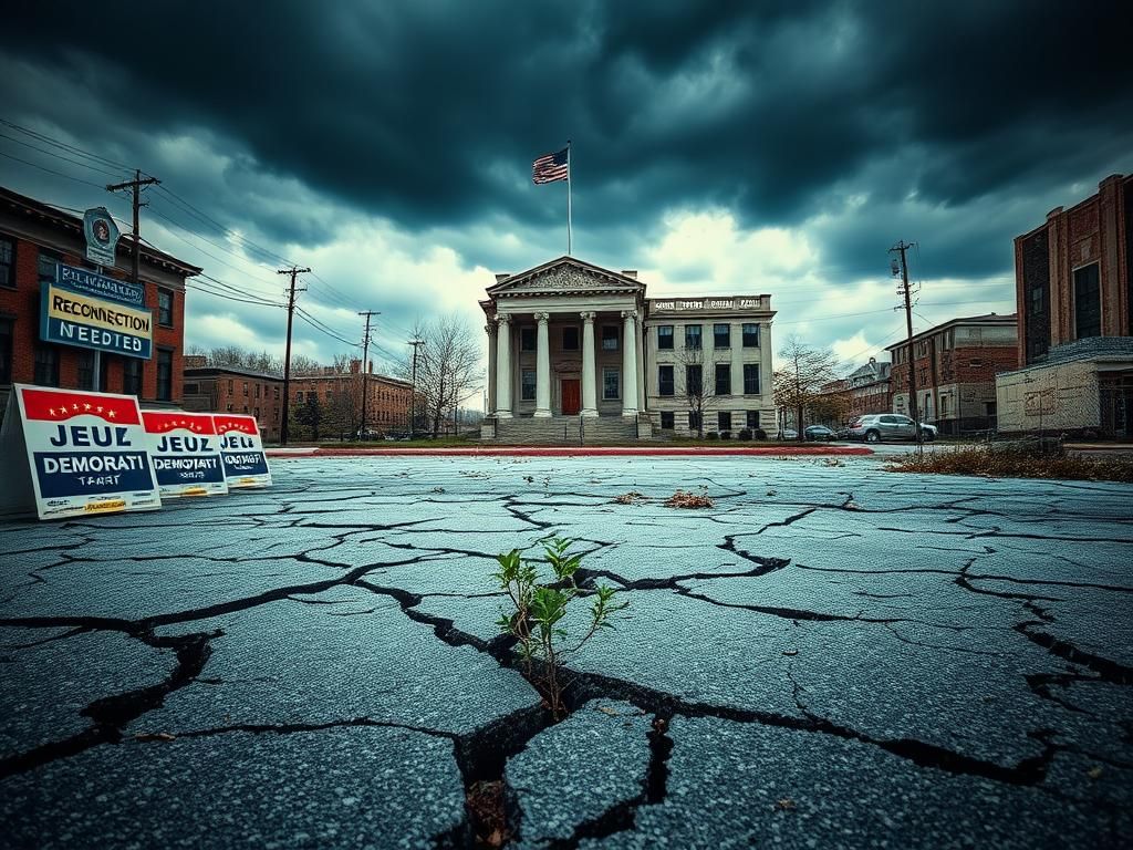 Flick International Cracked street lined with discarded Democratic election posters in a desolate urban landscape