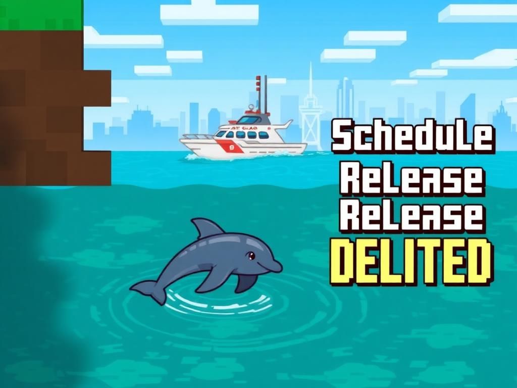 Flick International Stylized Minecraft-like digital artwork featuring a dolphin and Coast Guard boat