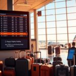 Flick International A bustling airport terminal with a digital flight information board displaying outbound flights