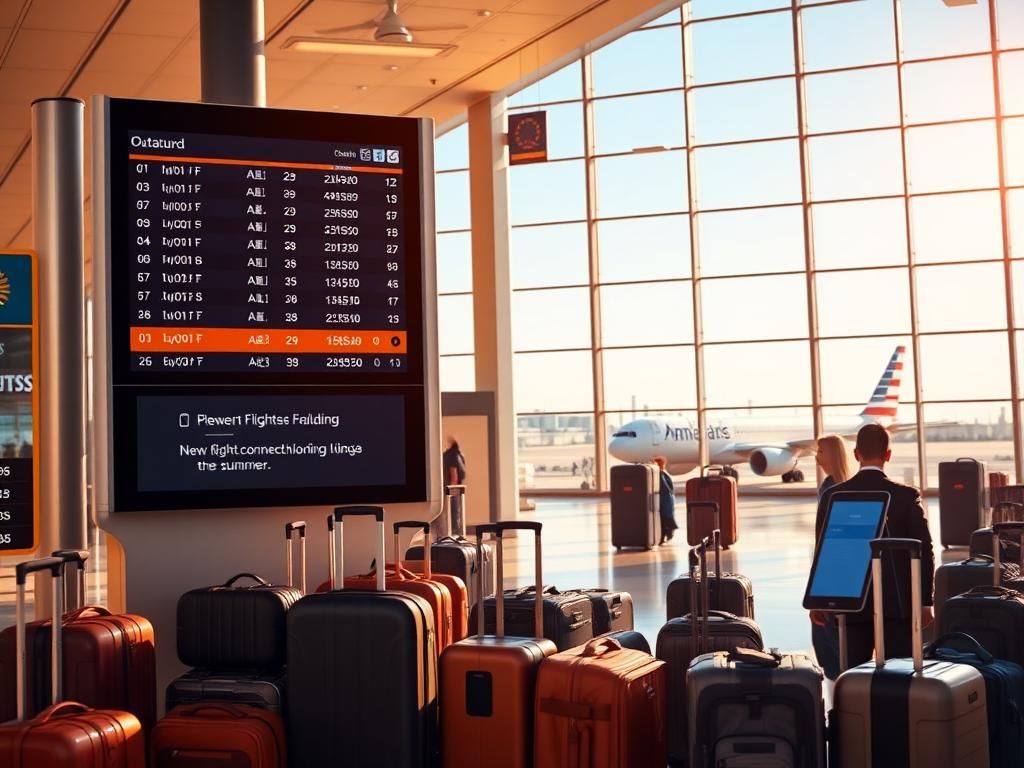 Flick International A bustling airport terminal with a digital flight information board displaying outbound flights