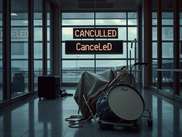 Flick International Empty luggage cart and musical instruments at Dallas/Fort Worth International Airport