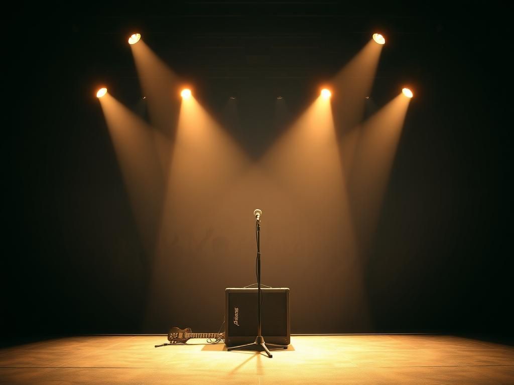 Flick International Dimly lit concert stage with empty microphone stand surrounded by soft spotlights