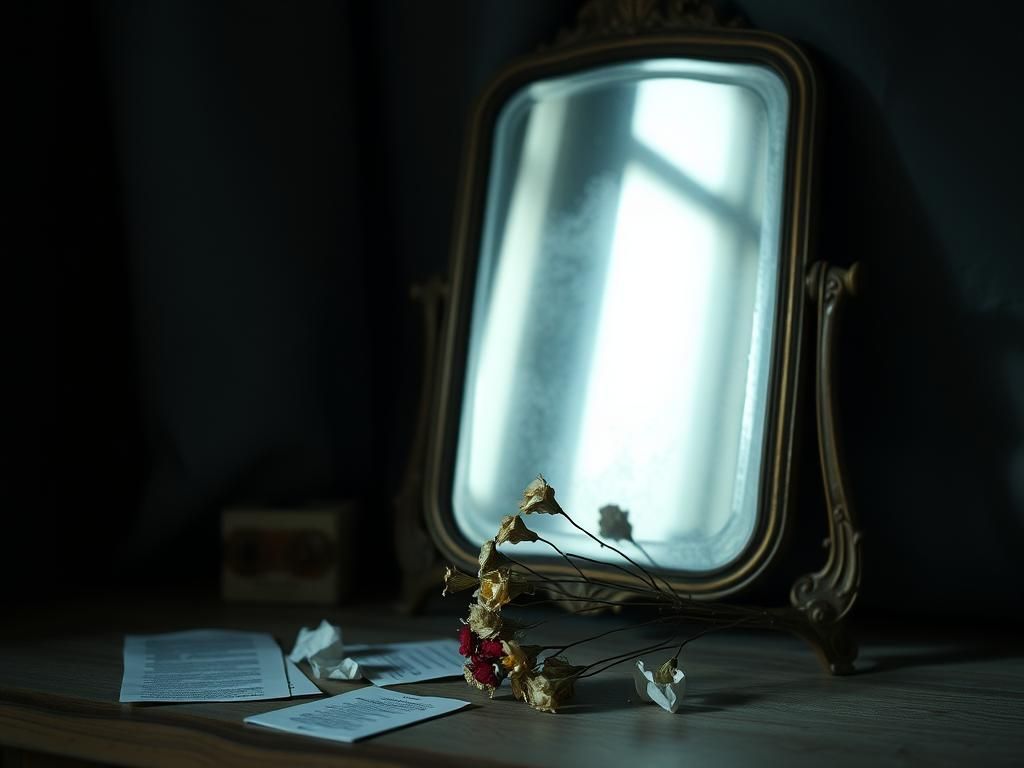 Flick International Dimly lit room with a vintage mirror and wilted flowers symbolizing regret and introspection