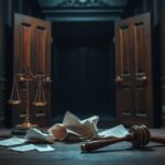 Flick International Dark courthouse with oak doors ajar and tarnished scales of justice