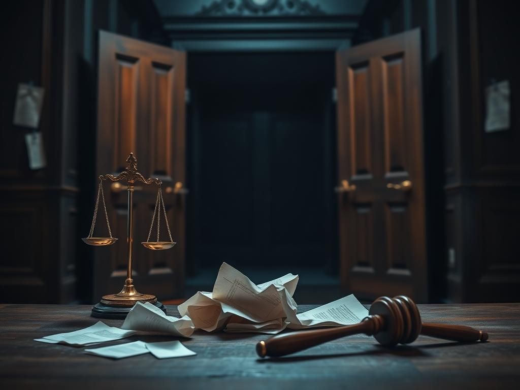 Flick International Dark courthouse with oak doors ajar and tarnished scales of justice