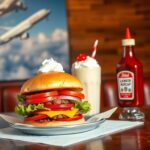 Flick International A classic diner table setting featuring a large, juicy burger with fresh ingredients and a milkshake