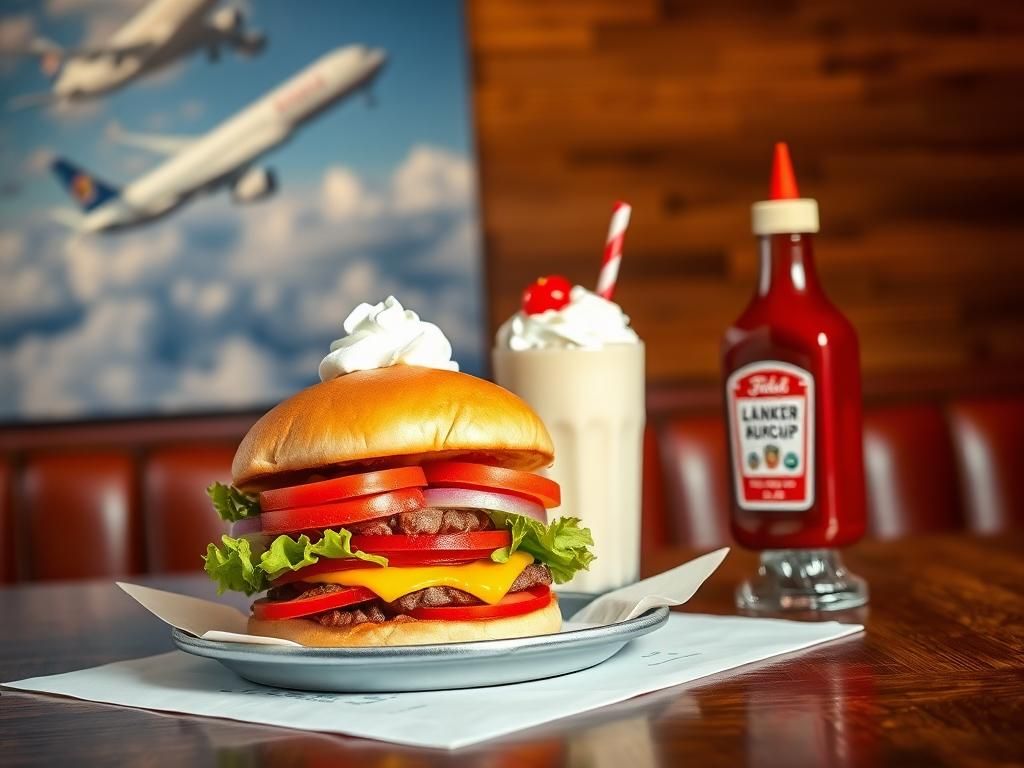 Flick International A classic diner table setting featuring a large, juicy burger with fresh ingredients and a milkshake