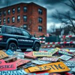 Flick International A large dark SUV with U.S. Customs and Border Protection logo parked on a city street surrounded by protest signs