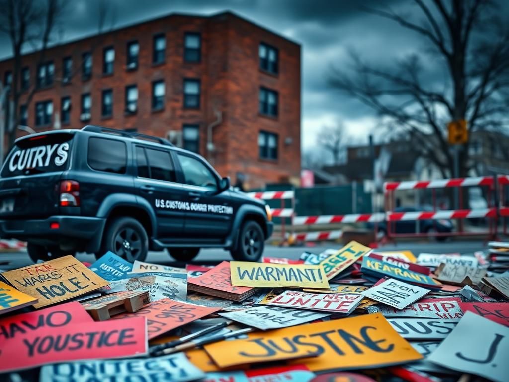 Flick International A large dark SUV with U.S. Customs and Border Protection logo parked on a city street surrounded by protest signs