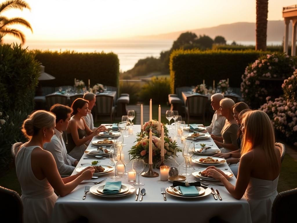 Flick International Elegant dining table set in a Montecito backyard