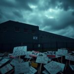 Flick International Dramatic image of an ICE detention facility in Newark under an overcast sky