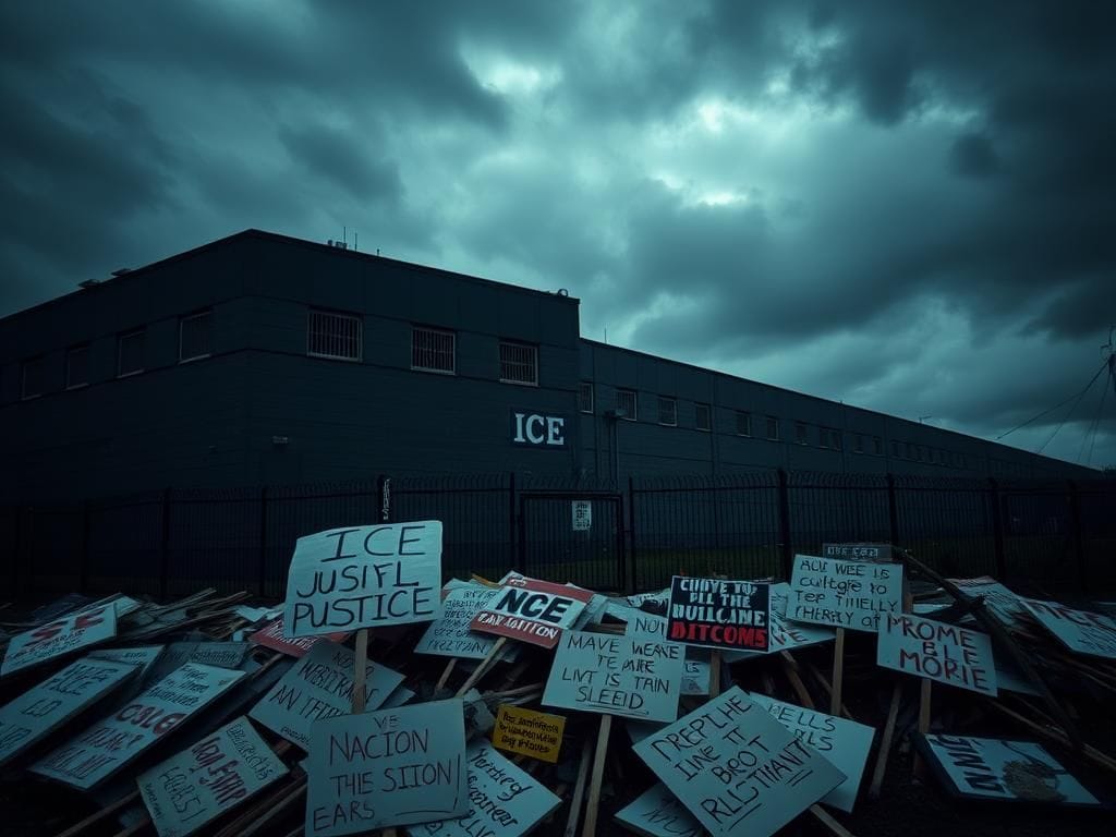 Flick International Dramatic image of an ICE detention facility in Newark under an overcast sky