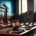 Flick International A large gavel resting on a wooden judge's bench in a courtroom setting