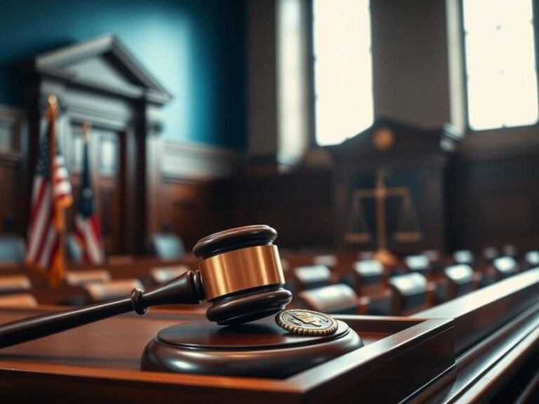 Flick International A large gavel resting on a wooden judge's bench in a courtroom setting