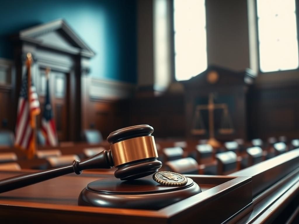 Flick International A large gavel resting on a wooden judge's bench in a courtroom setting