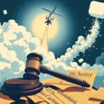 Flick International Illustration depicting a gavel on a cracked courthouse podium surrounded by scattered pages of the U.S. Constitution and a futuristic rocket ship.