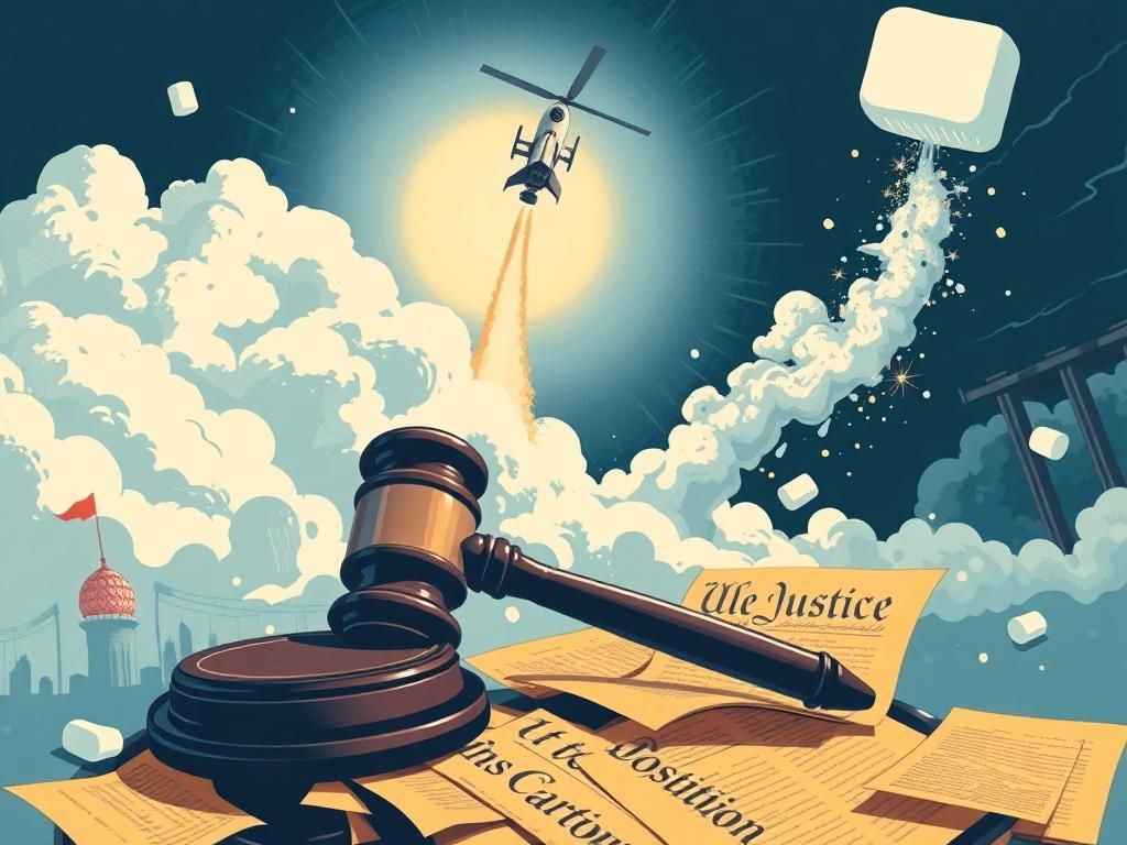 Flick International Illustration depicting a gavel on a cracked courthouse podium surrounded by scattered pages of the U.S. Constitution and a futuristic rocket ship.