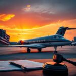 Flick International Luxurious private jet with Qatar Airways livery parked on tarmac during sunset