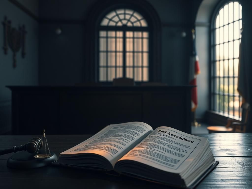 Flick International Dimly lit courtroom scene with an empty judge's bench and an open law book discussing the First Amendment.