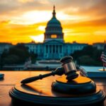 Flick International A dramatic view of the U.S. Capitol building at sunset with a gavel and American flag in the foreground