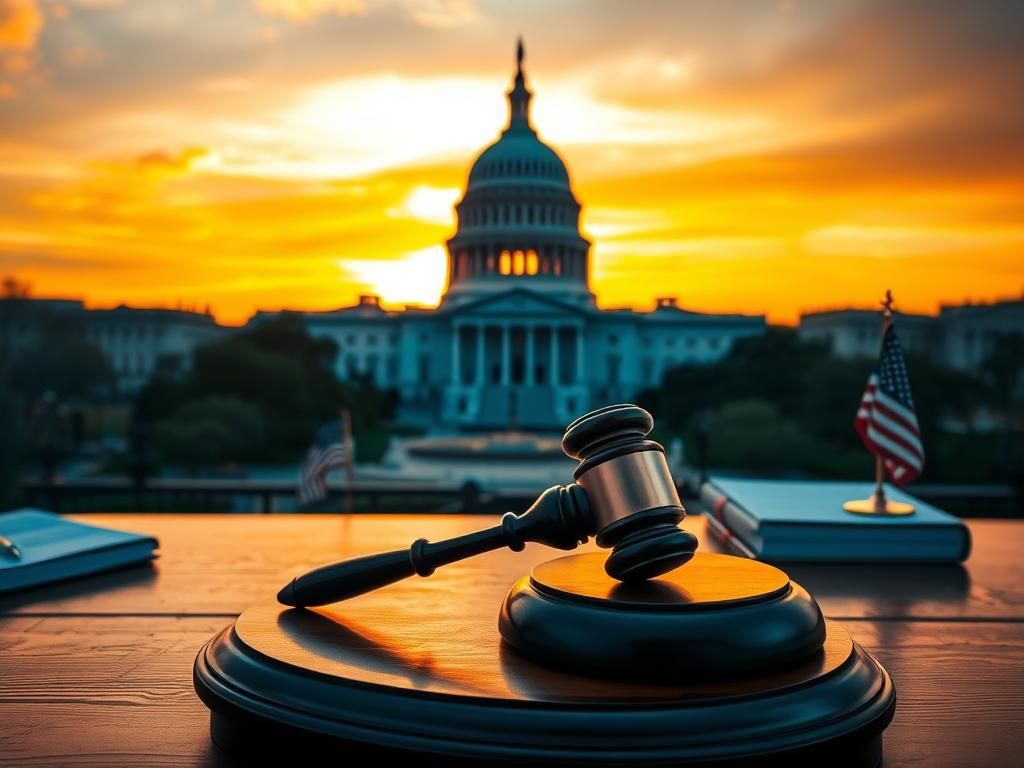 Flick International A dramatic view of the U.S. Capitol building at sunset with a gavel and American flag in the foreground