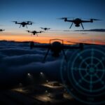 Flick International Aerial view of military drones over a military base at twilight