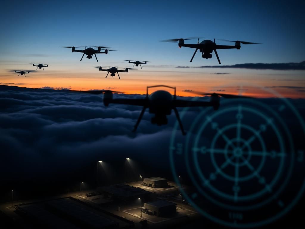 Flick International Aerial view of military drones over a military base at twilight