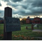 Flick International Dramatic scene of Harvard University campus with historical buildings and stormy sky reflecting funding challenges