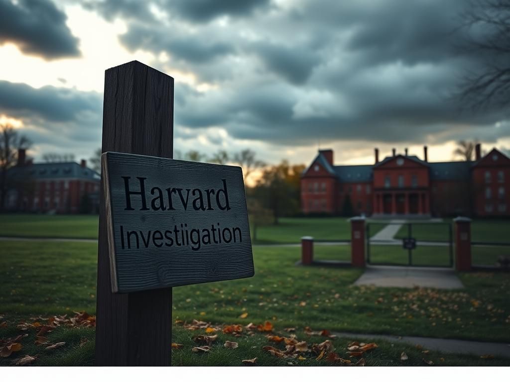 Flick International Dramatic scene of Harvard University campus with historical buildings and stormy sky reflecting funding challenges