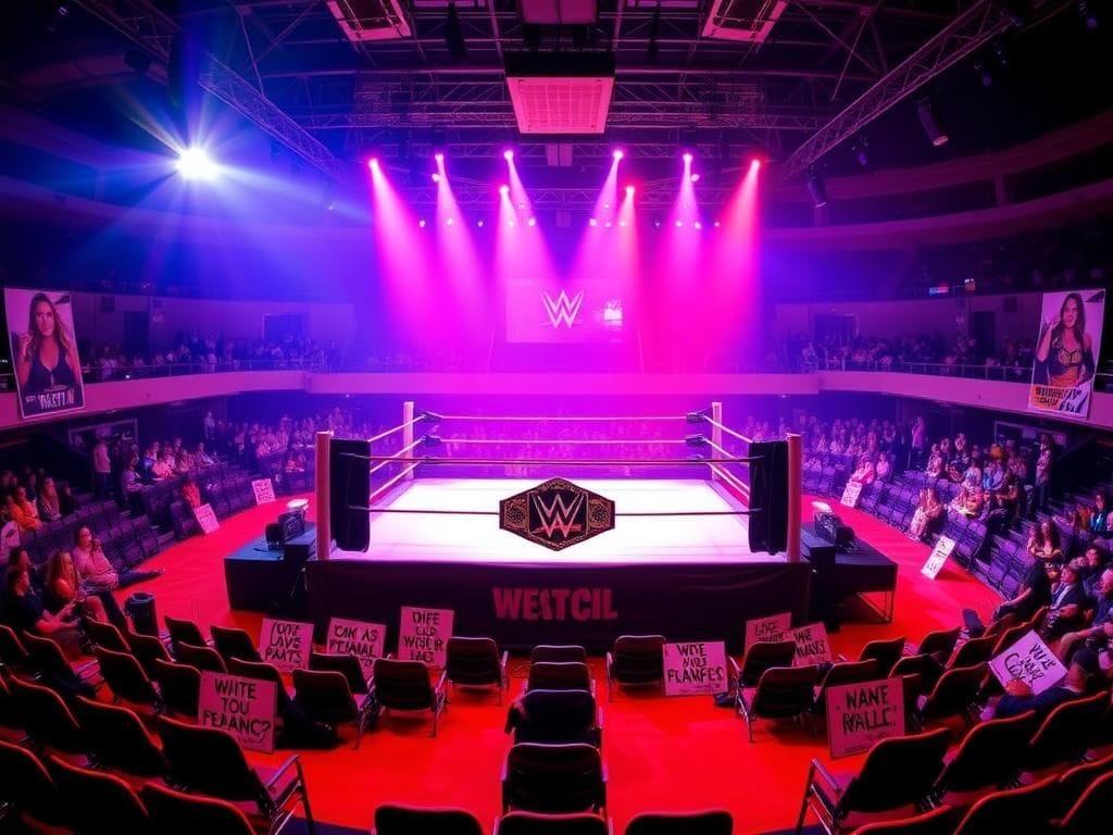 Flick International A dynamic wrestling ring showcasing a championship belt surrounded by signs of mixed fan reactions