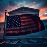 Flick International Dramatic exterior view of the Supreme Court building at sunset with a cracked American flag in the foreground