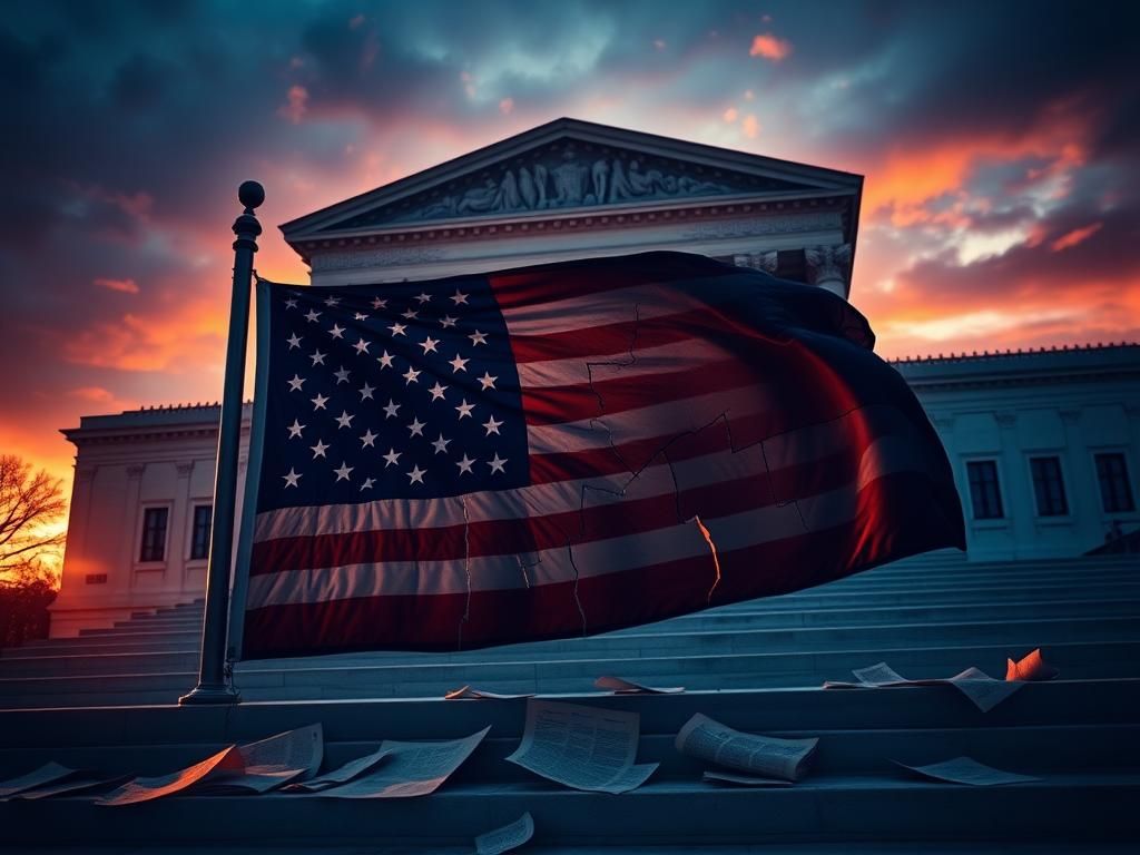 Flick International Dramatic exterior view of the Supreme Court building at sunset with a cracked American flag in the foreground