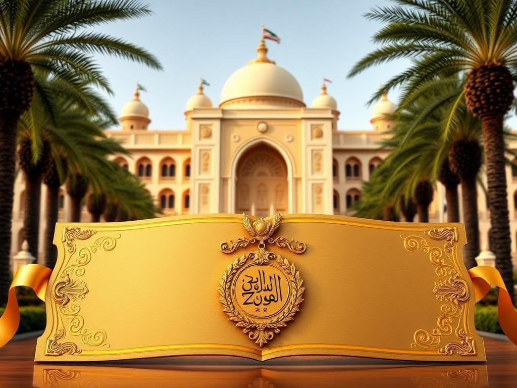 Flick International Golden award ribbon and medallion of the Order of Zayed against an Emirati palace backdrop