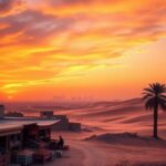 Flick International Sunset over a Middle Eastern landscape with a traditional market