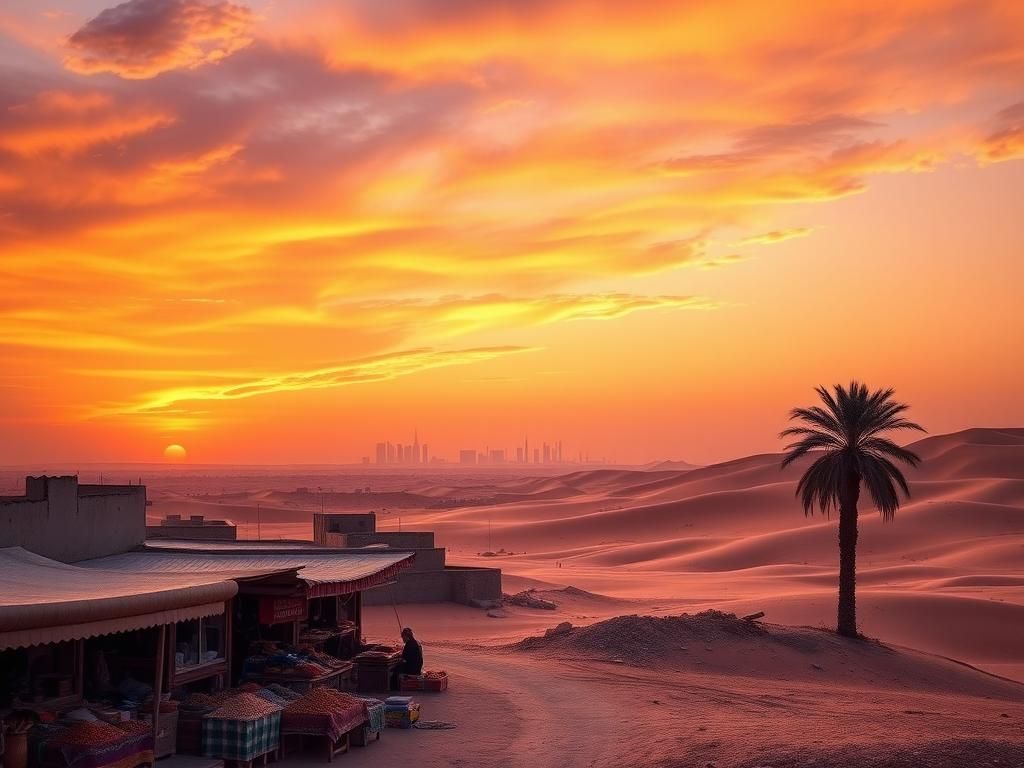 Flick International Sunset over a Middle Eastern landscape with a traditional market