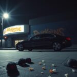 Flick International Night scene outside basketball arena with graffiti and a parked car