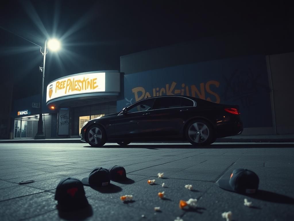 Flick International Night scene outside basketball arena with graffiti and a parked car