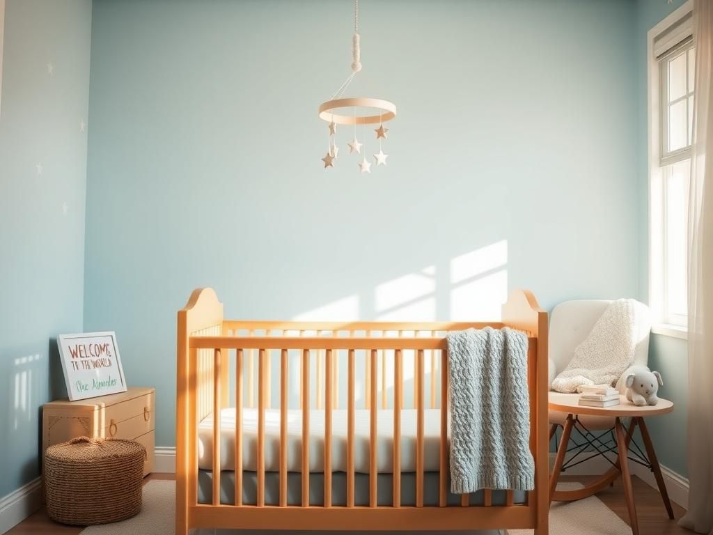 Flick International Serene nursery scene with wooden crib and mobile for newborn Alexander