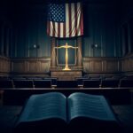 Flick International Dramatic courtroom scene with empty benches and scales of justice