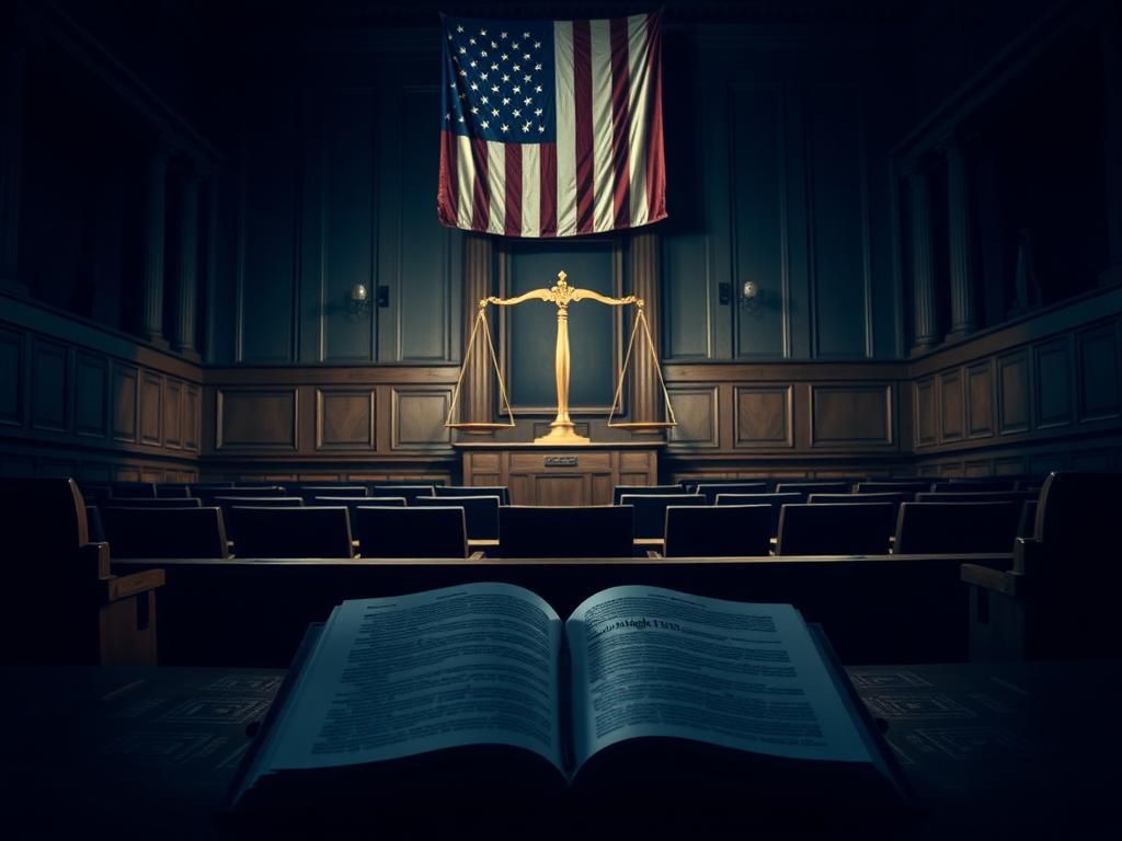 Flick International Dramatic courtroom scene with empty benches and scales of justice