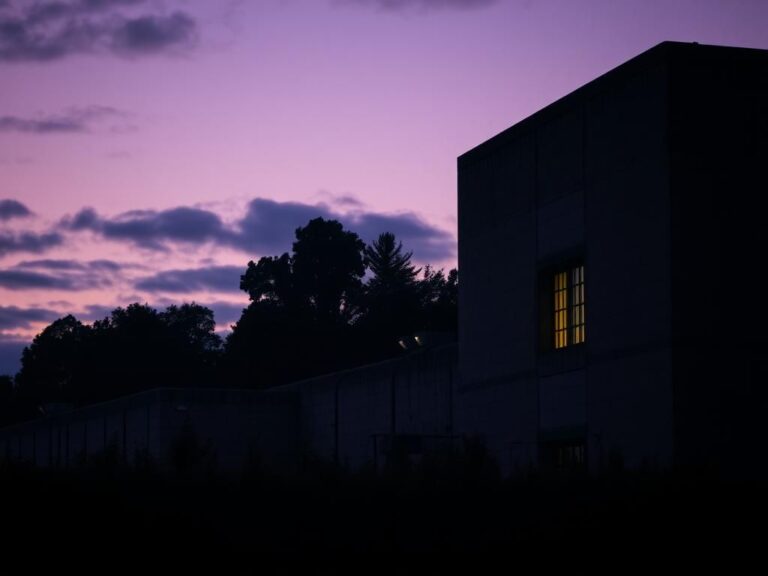 Flick International Somber California prison facility under twilight sky